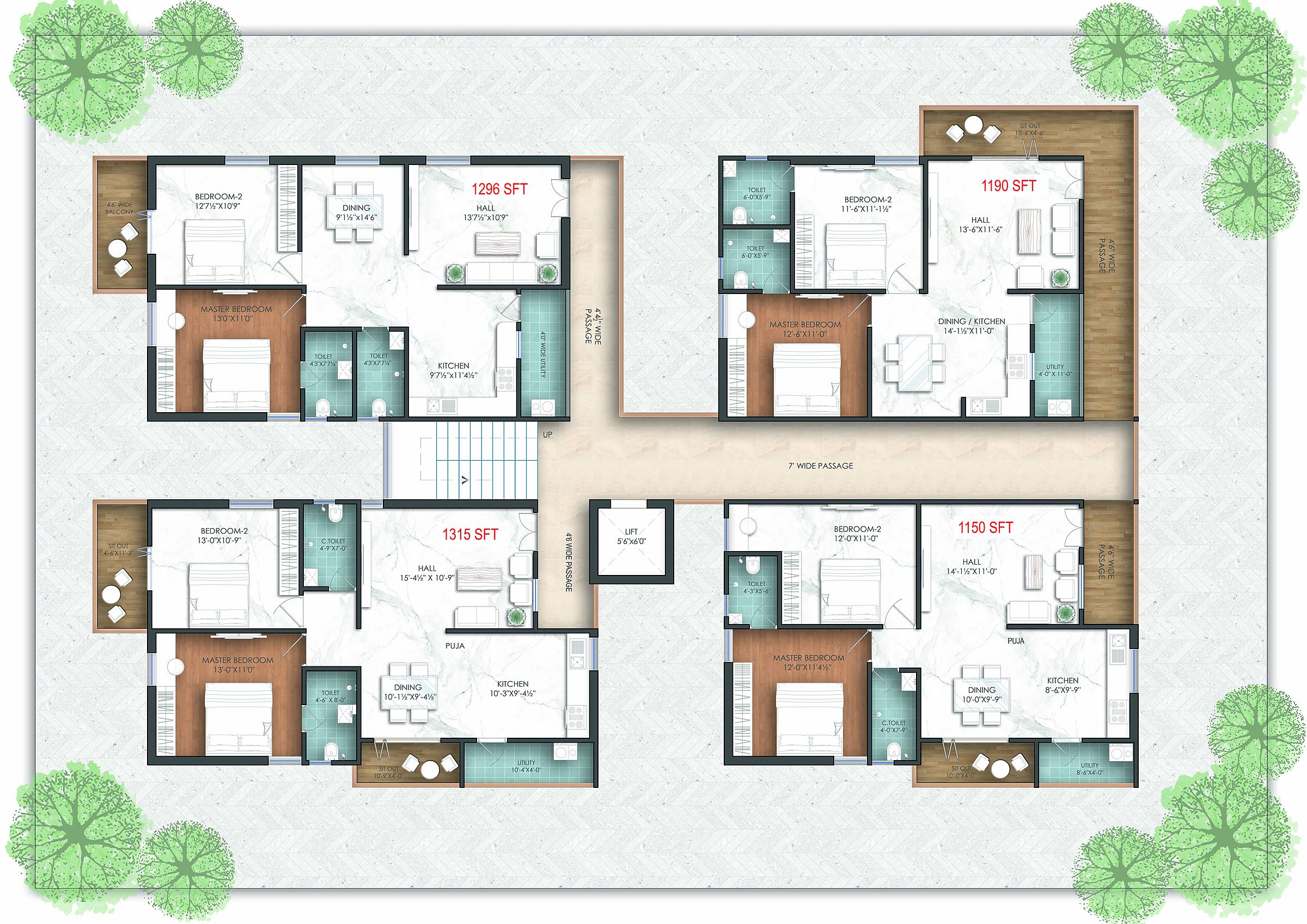 King's Court typical floor plan: four homes per floor of 1150, 1190, 1296 and 1315 sq.ft