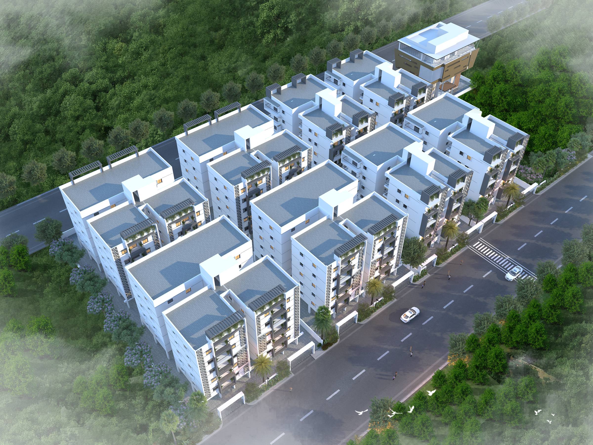 Aerial view of the King's Court gated community showing all residential blocks