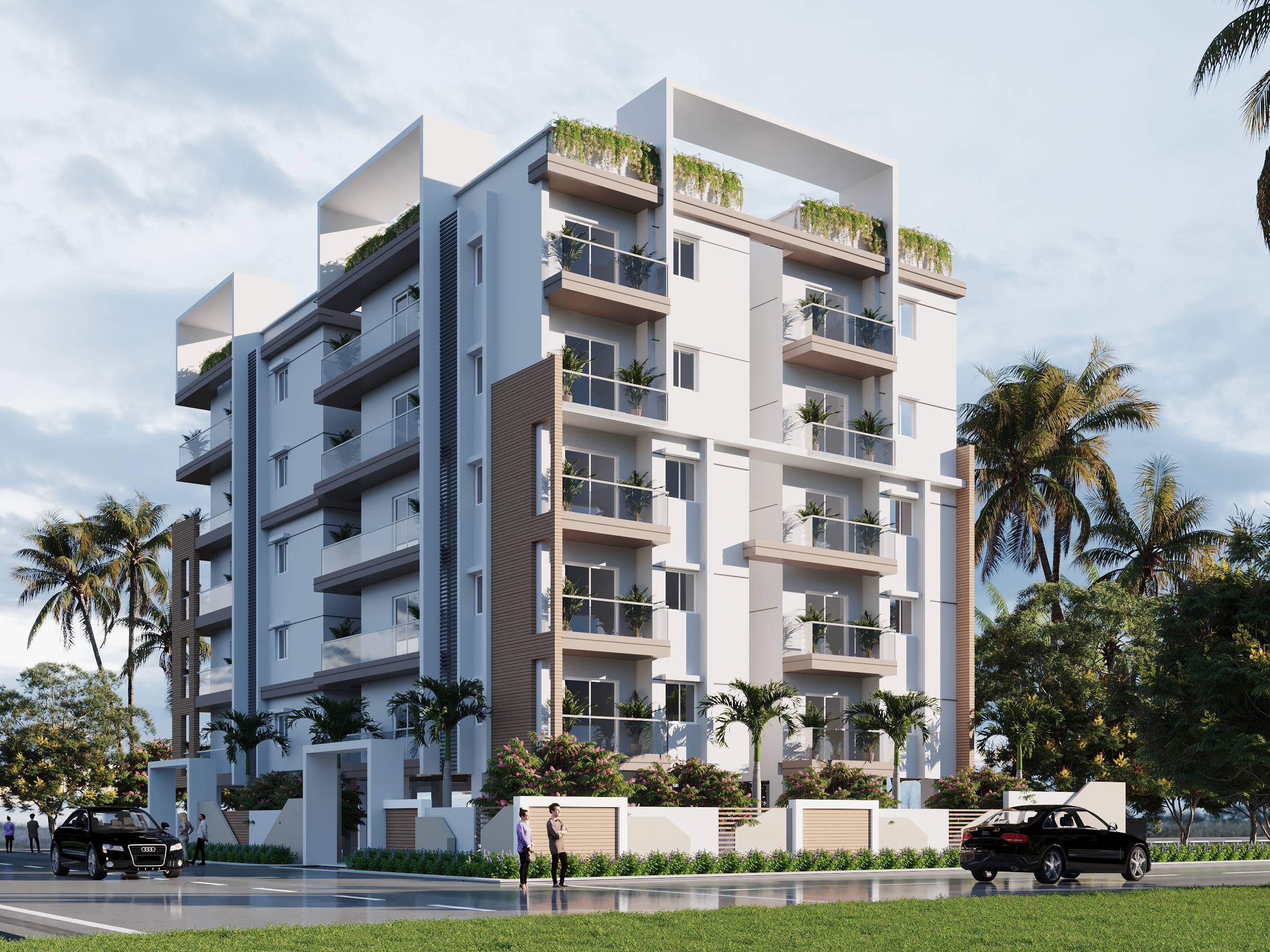 Thimu Belezza: corner view of the tower with planted balconies