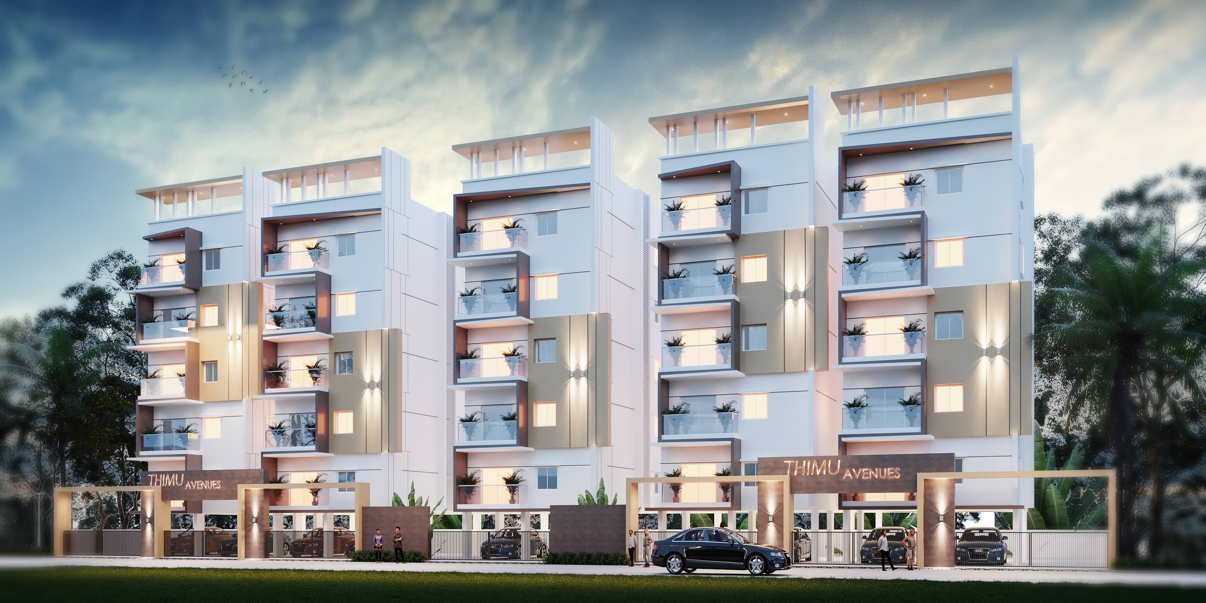 Five-block elevation design for a 1200 sq.yd plot, with the Thimu Avenues gate
