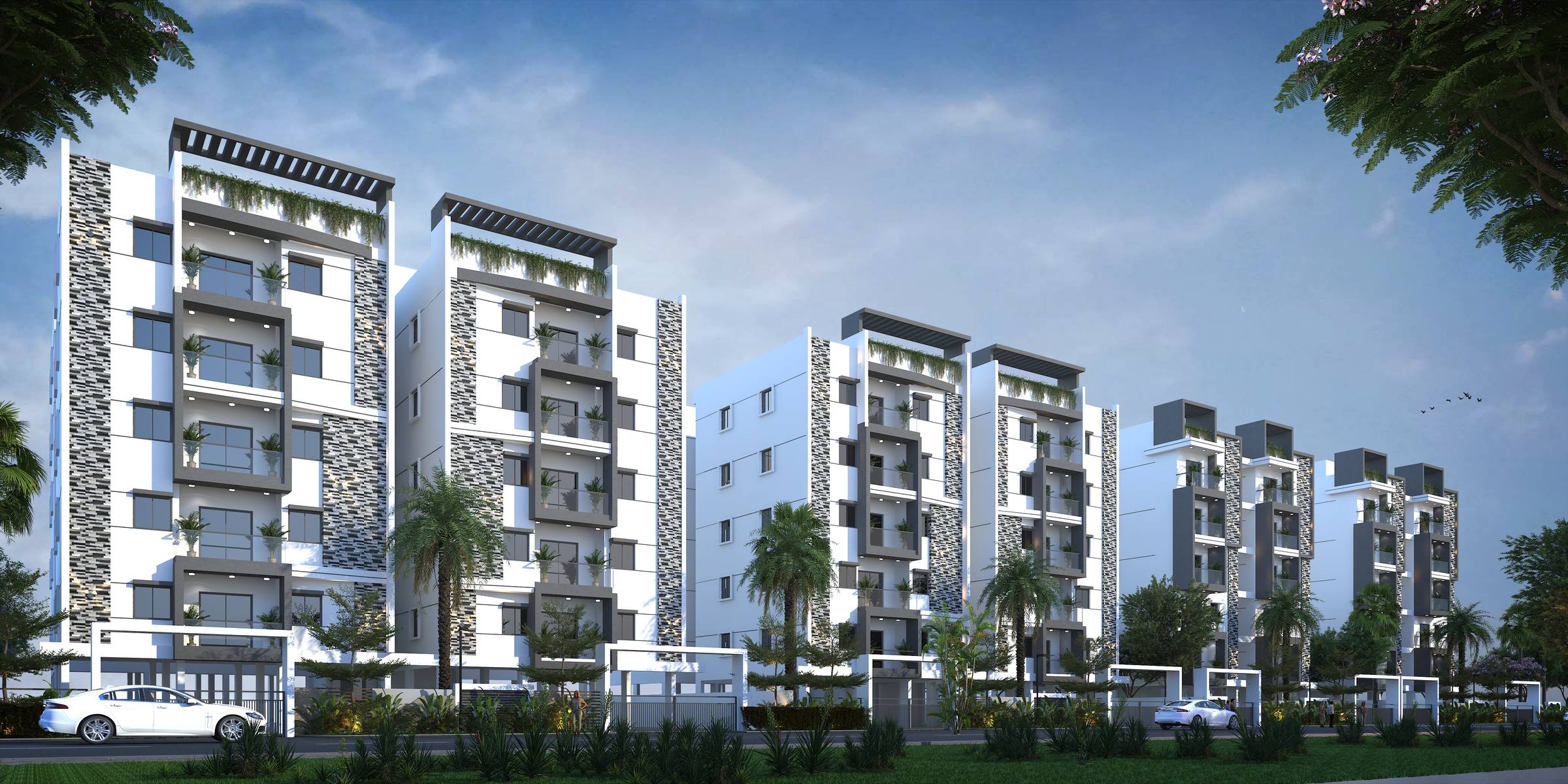 Front elevation of a Thimu Avenues block, with balconies and landscaped planting